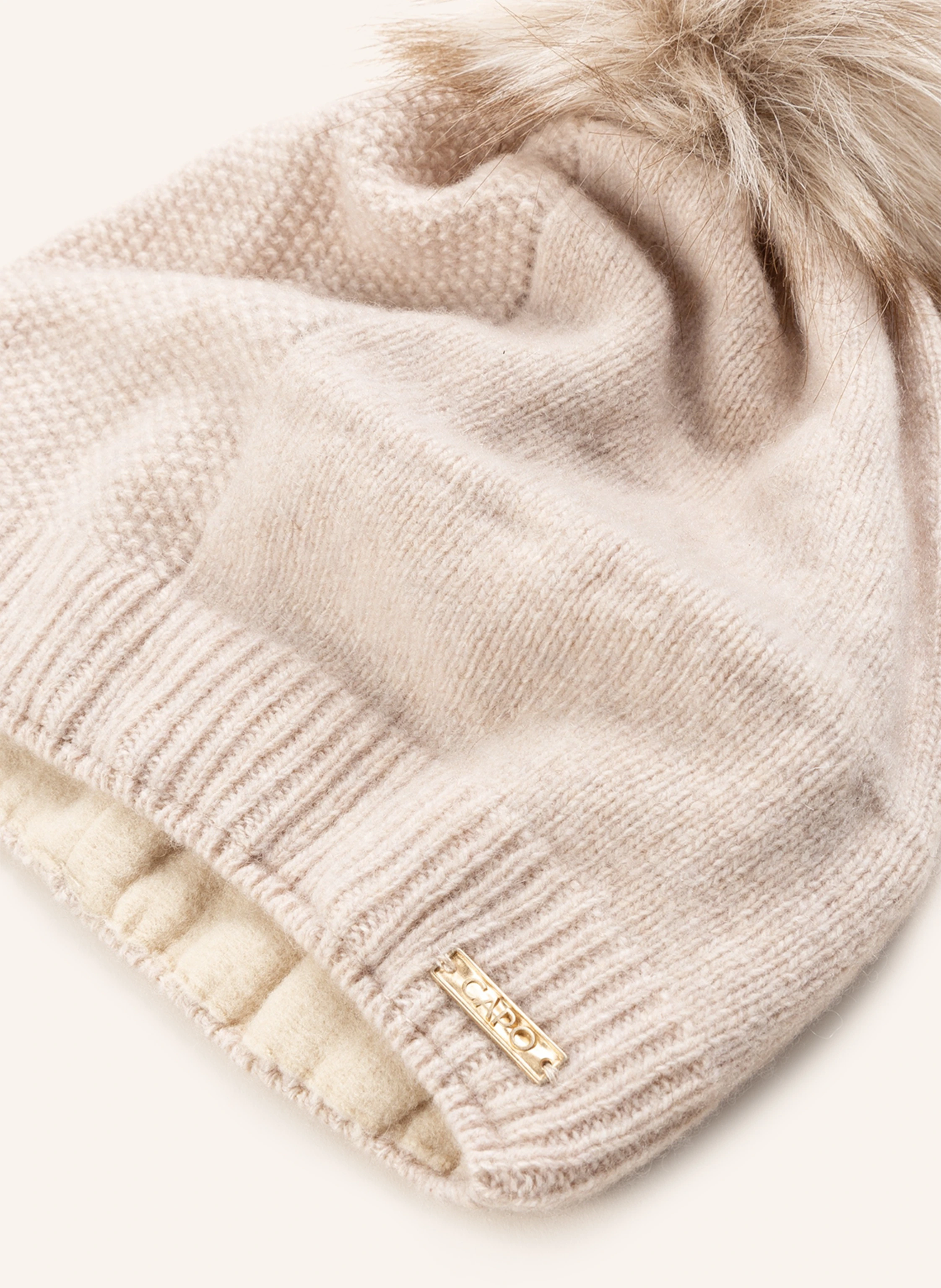 CAPO Cashmere-Mütze SPLIT mit Kunstpelzbommel