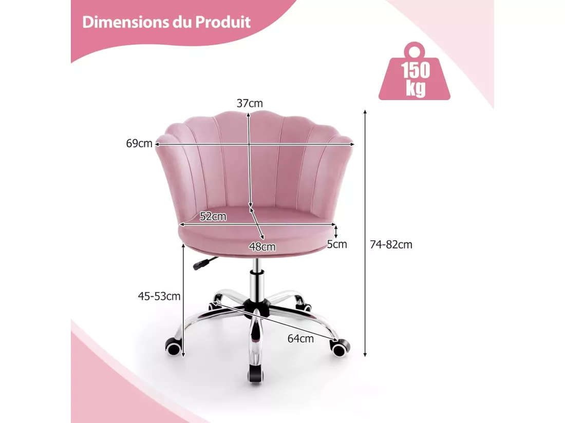 Fauteuil de Bureau en Velours avec 5 Roues Universelles, Chaise de Coiffeuse avec Hauteur Réglable, Chaise Salon Rembourrée Pivotante, Forme de Coquillage, pour Salon, Chambre, Bureau (Rose)