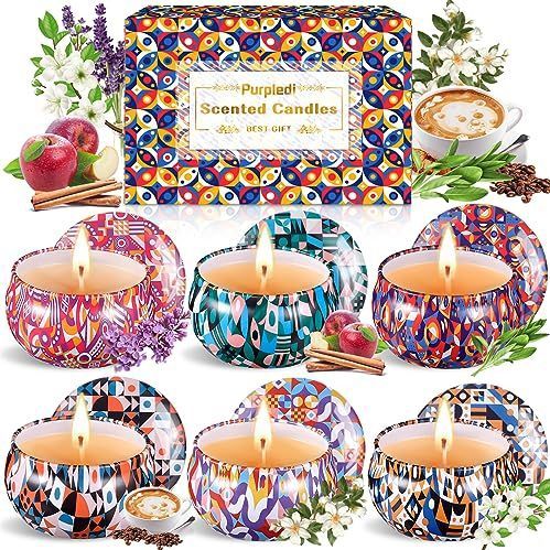 Purpledi Geurkaarsenset, natuurlijke sojawas kaarsenset (6 stuks), geurkaarsen, cadeauset voor dames, 6 oz draagbare reiskaarsen voor stressvermindering, ontspanning van het lichaam, Kerstmis,
