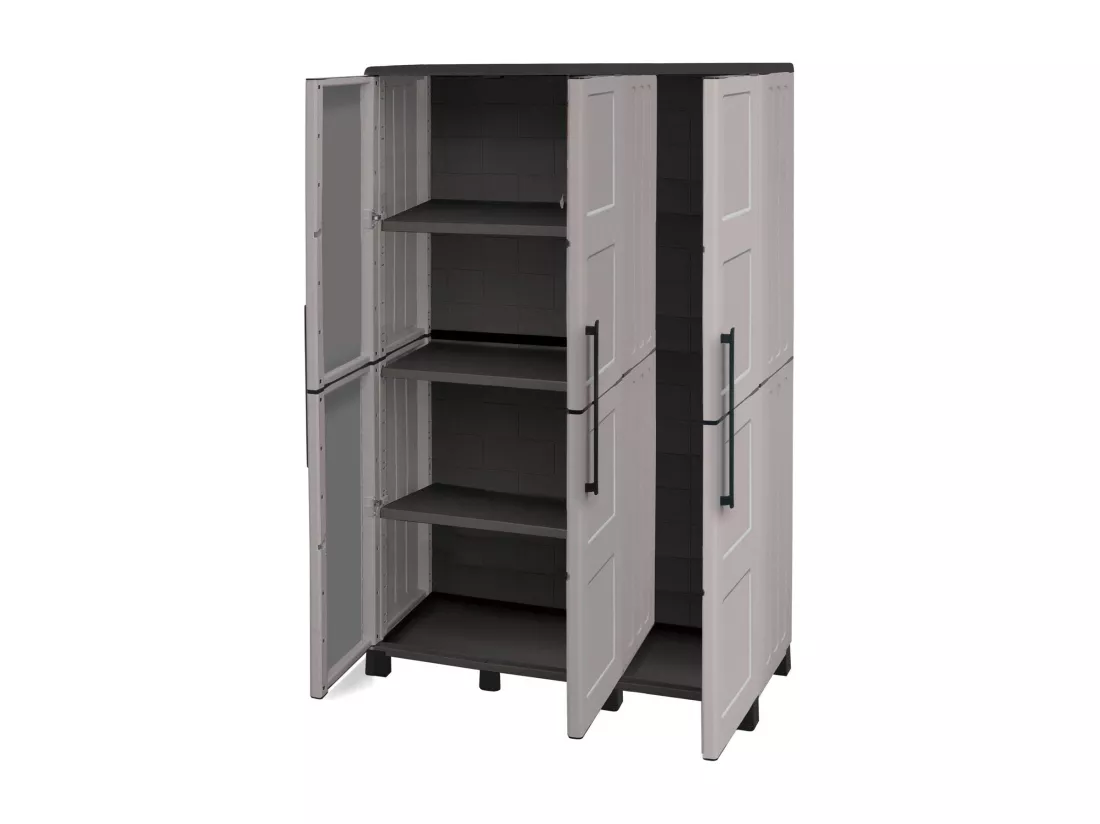 Armoire d'extérieur Nandrin, Armoire à balais, Armoire d'extérieur 3 portes, 100% Made in Italy, 102x37h169 cm, Gris clair et noir, Finition damier