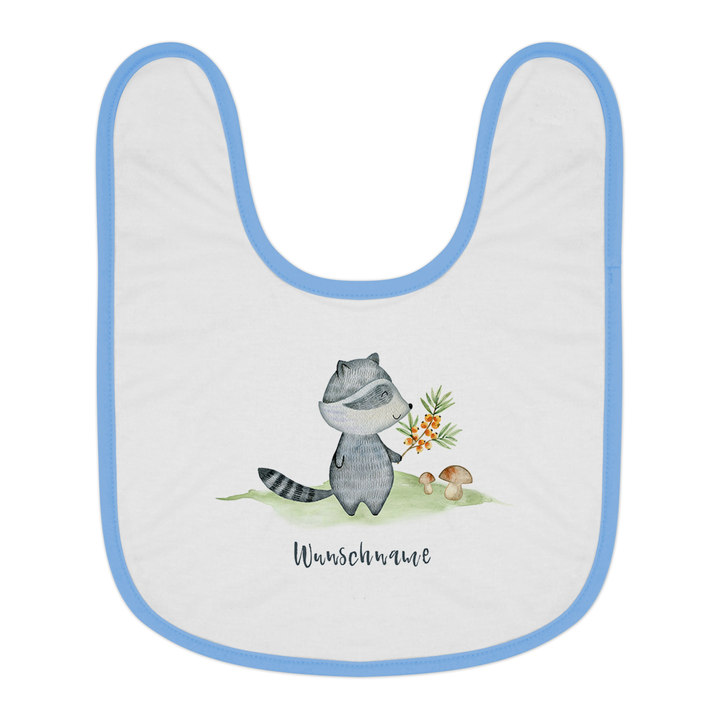 Baby-Lätzchen mit Namen, blau (Motiv: Waschbär)