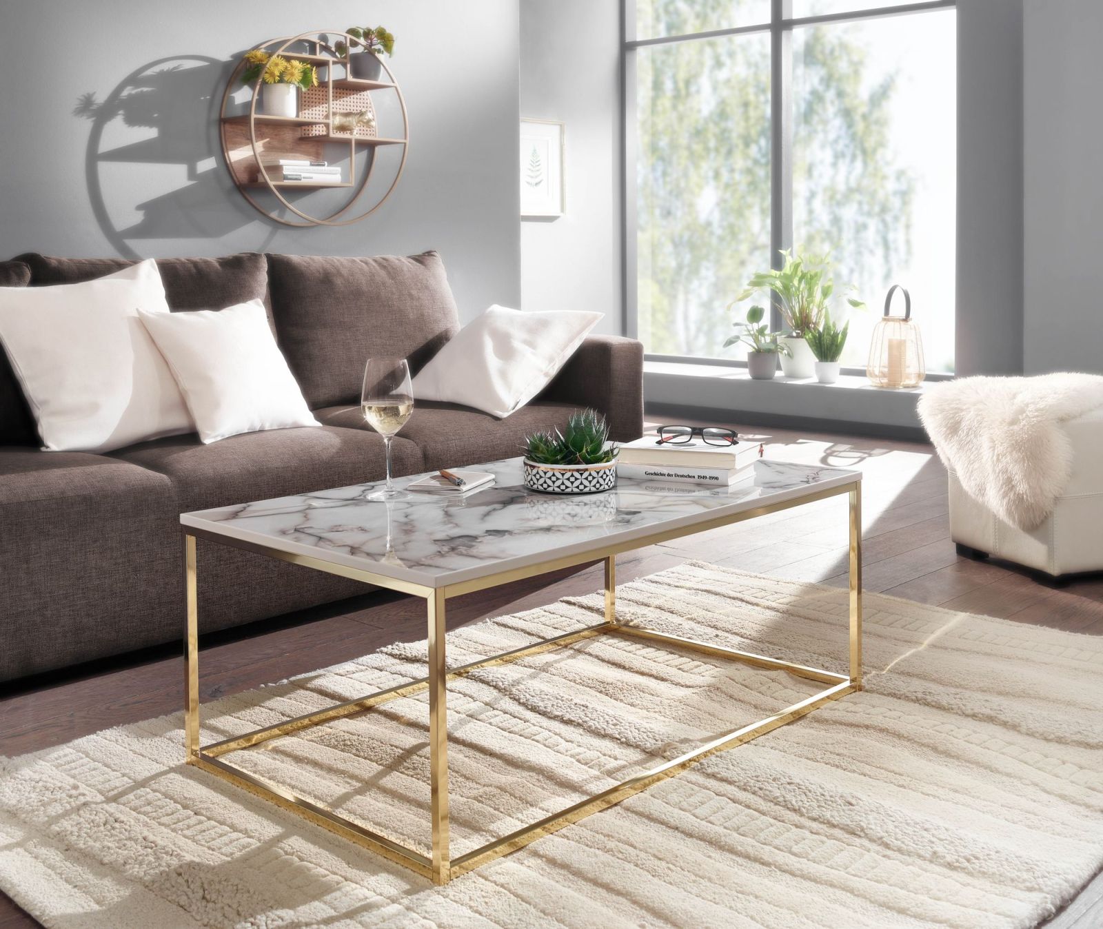 Couchtisch - weiß-gold - Marmor-Optik - 100 cm