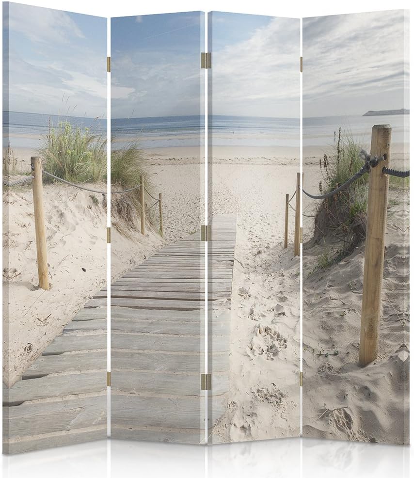 Feeby Paravent Meer 145x180 cm 4 Teilig Modern Design Beidseitig Raumteiler Wandschirme Foto Trennwand Raumtrenner Sichtschutz Spanische Wand auf Leinwand Bedruckt Strand Beige