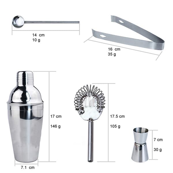 5-delt cocktailsett, barsett, shaker 350ml - Rustfritt stål