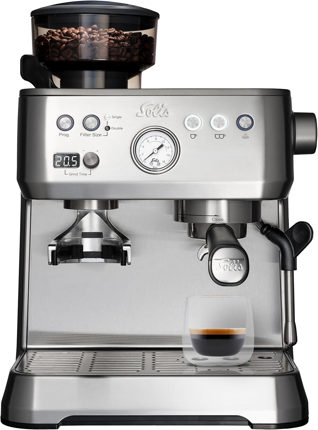 Solis Grind & Infuse PERFETTA Espressomaschine, Kaffeemaschine mit Mahlwerk und Milchaufschäumer, Halbautomatische Kaffeemaschine mit abnehmbaren Wassertank, Heißwasser- und Dampffunktion, Silber
