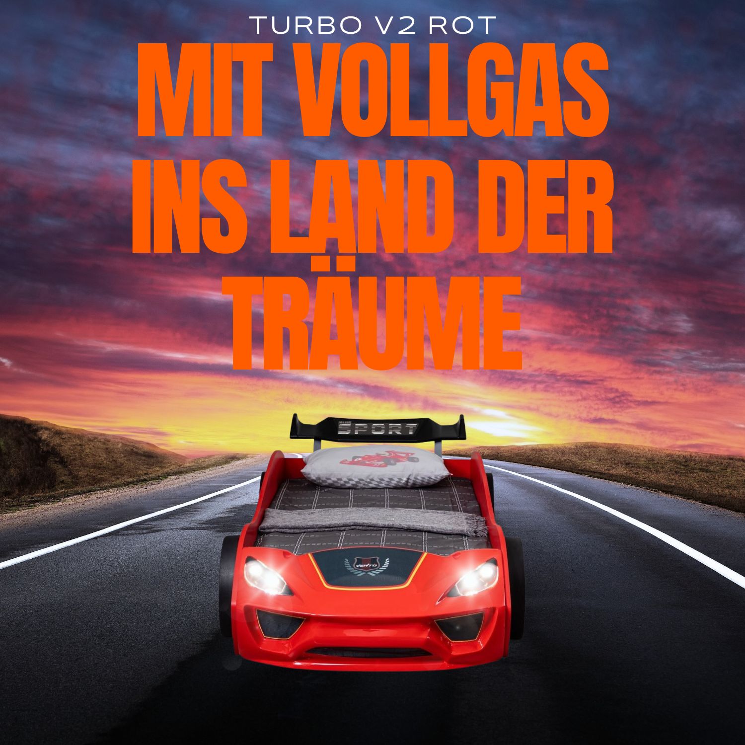 TRAUMMÖBEL Autobett TURBO V2 Rot Kinderbett im Rennwagen-Design mit Lattenrost