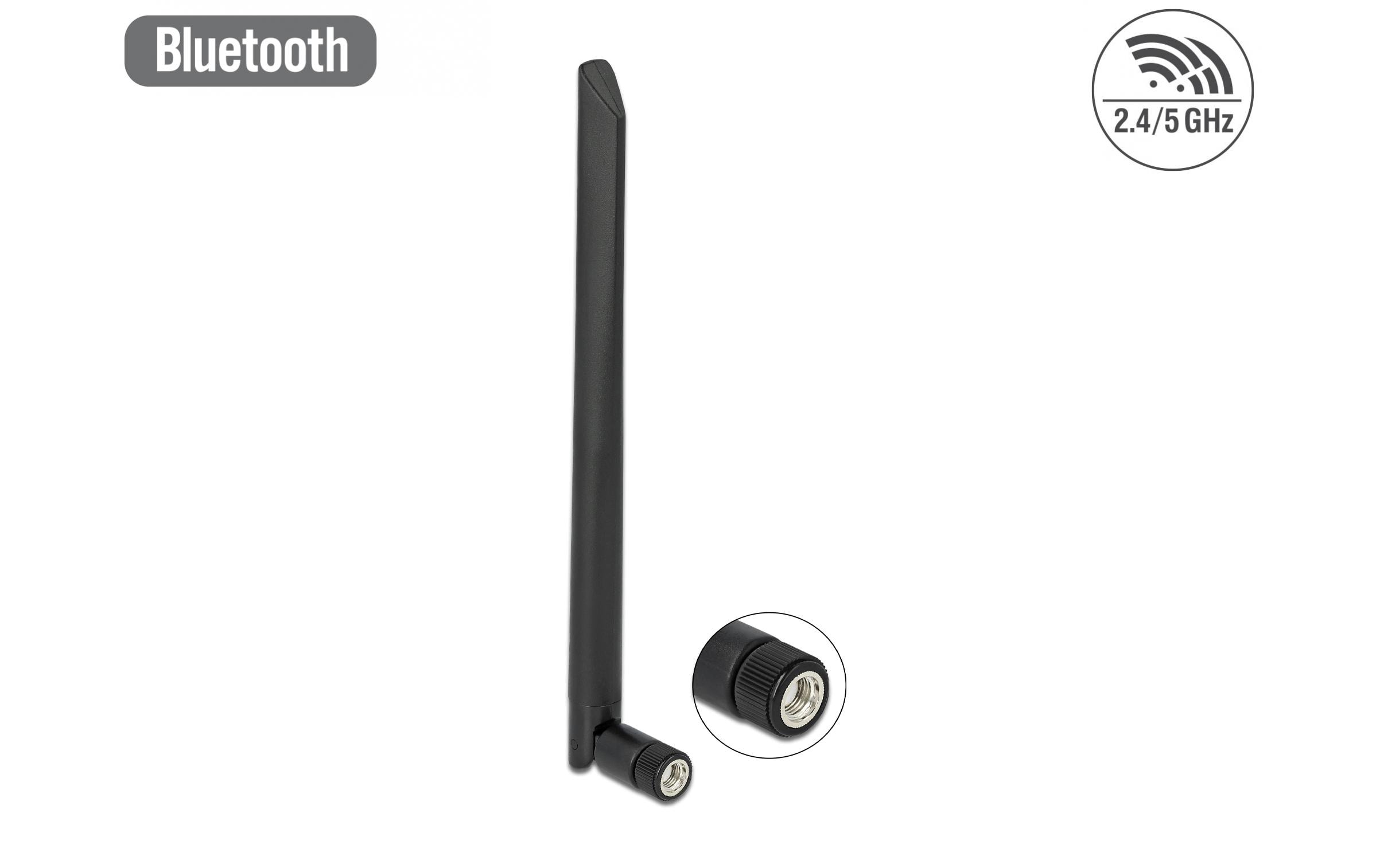 WLAN-Antenne Kippgelenk, 20 cm RP-SMA 5 dBi RundstrahlDelock WLAN 802.11 a/ax/a/b/g/n Antenne RP-SMA Stecker 5 dBi 20 cm omnidirektional mit Kippgelenk flexibel und gummierter Oberfläche schwarz