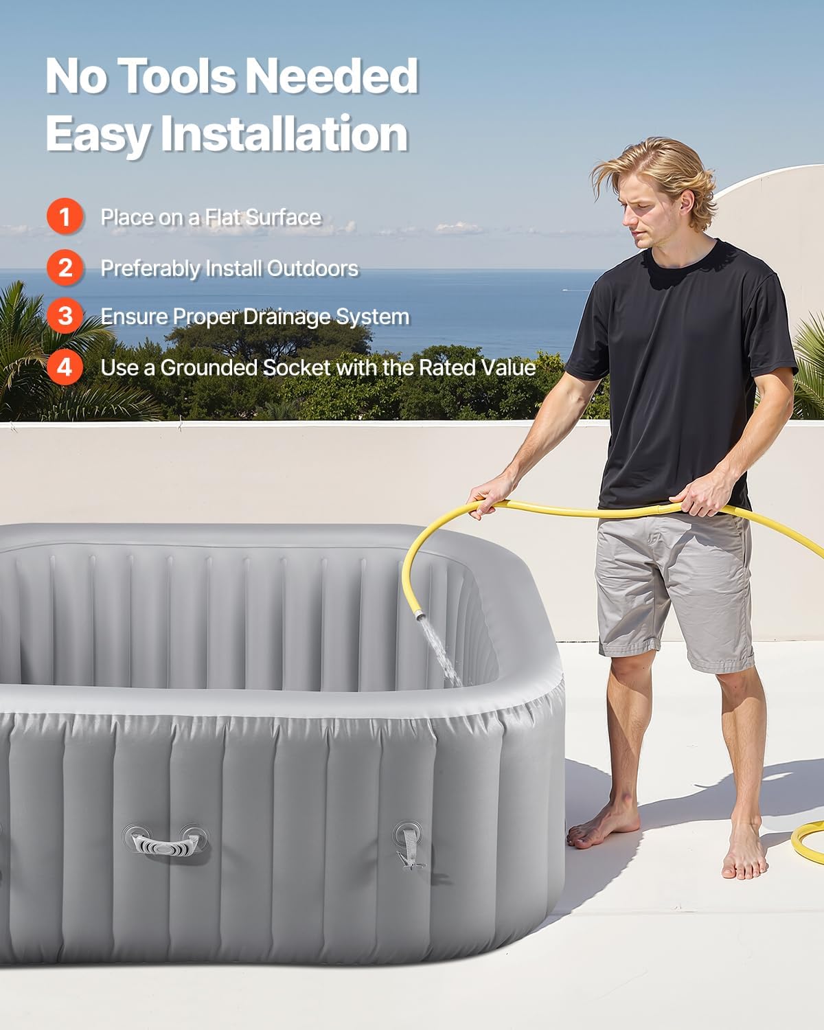 VEVOR aufblasbare Badewanne für 4 bis 6 Personen (185 x 66 cm), quadratisch & tragbar, mit 130 wohltuenden Düsen & Filter & Abdeckung & Matte & multifunktionalem Bedienfeld, PVC Spa-Pool Outdoor