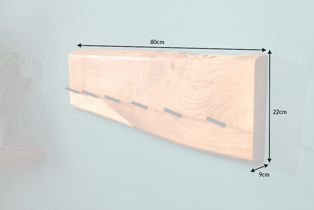 Massive Wand-Garderobe MAMMUT 80cm Akazie mit 6 Kleiderhaken