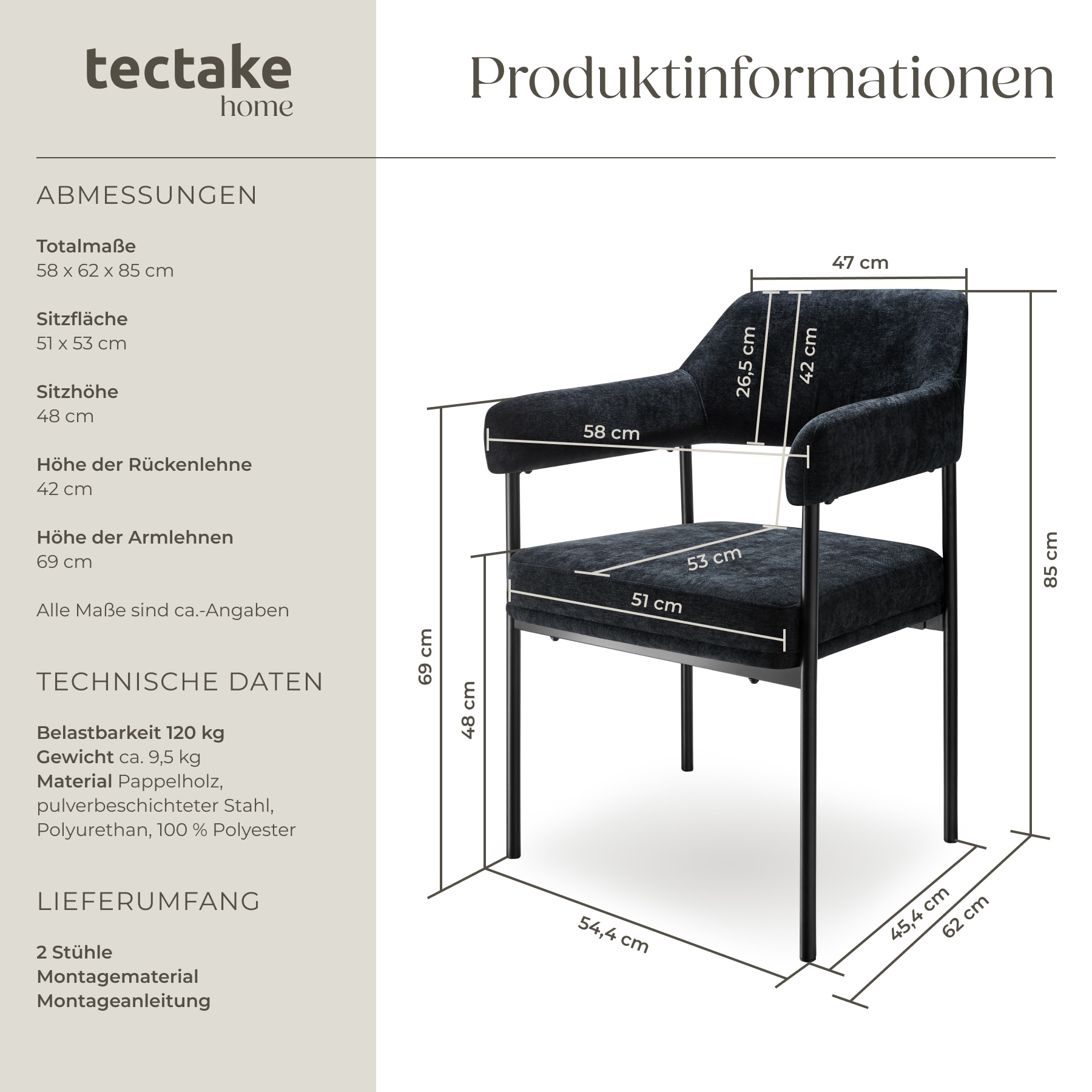 tectake® Armlehnstuhl, gepolstert, schlanke, pulverbeschichtete Stahlbeine, 58 x 62 x 85 cm