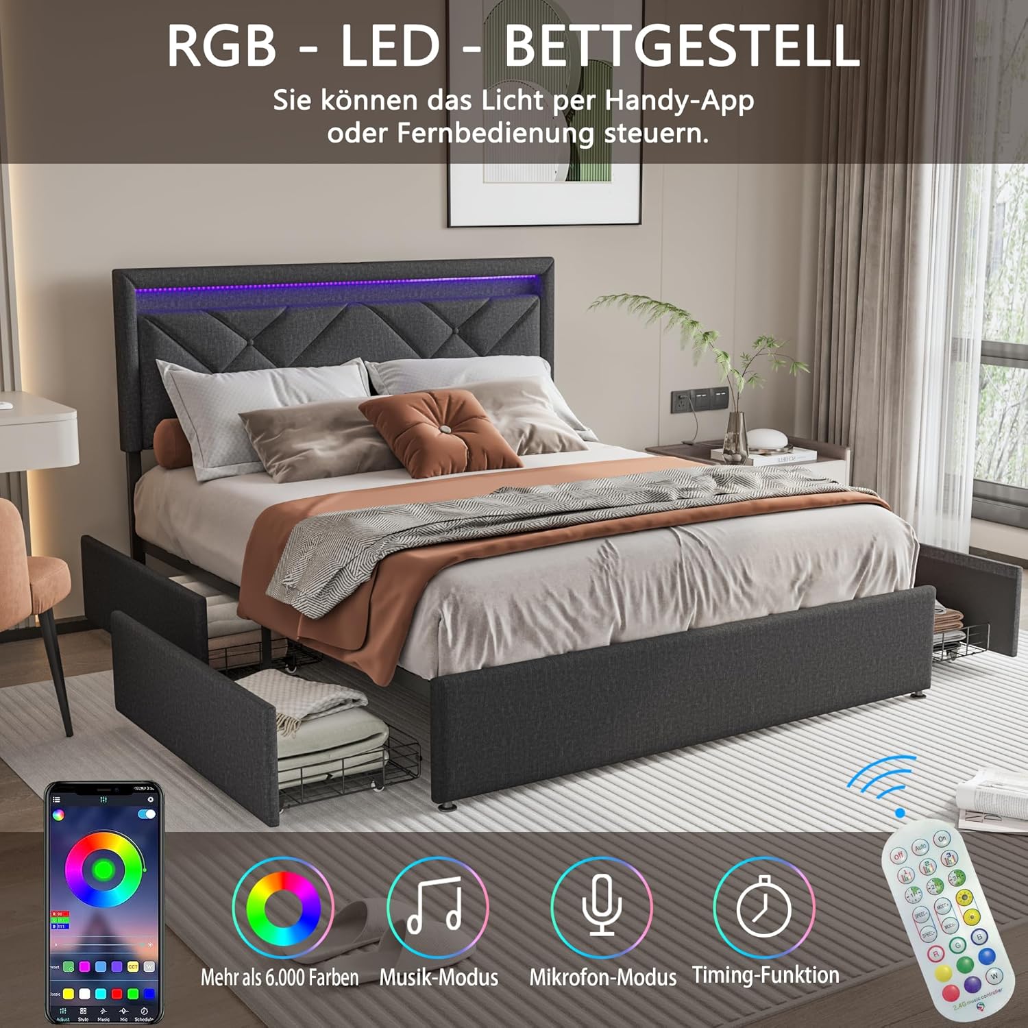 Doppelbett 160x200 cm, Polsterbett mit USB Ladefunktion und LED-Kopfteil, Bett mit 4 Schubladen, Verstellbar Kopfteil, Stauraumbetten, Funktionsbett, Leinenstoff, Ohne Matratze, Dunkelgrau