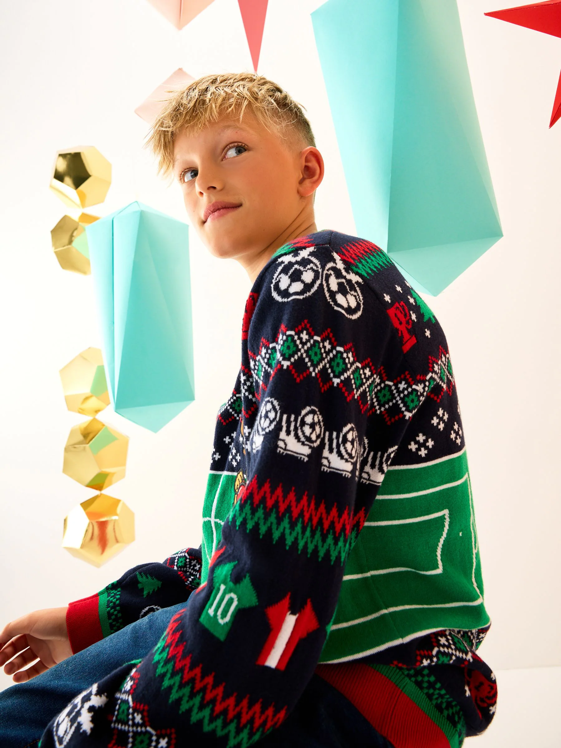Meerkleurige rendiervoetbal - Kersttrui (3 - 16 jr)