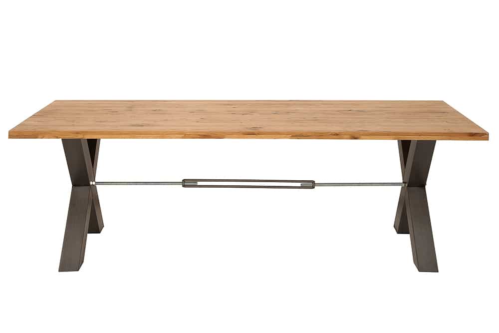 Massivholz Esstisch THOR 240cm natur Wildeiche geölt graues X-Gestell Metall Industrial Design