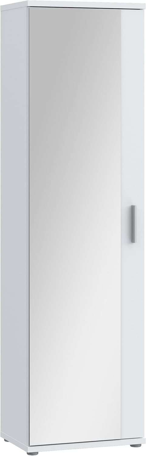 FORTE NET106 Schrank 50, Schuhschrank, Garderobenschrank, Abstellraum, Drehtürenschrank, 1-türig mit Einlegeböden, Weiß mit Spiegel, 50 cm breit x 180 cm hoch x 35 cm tief