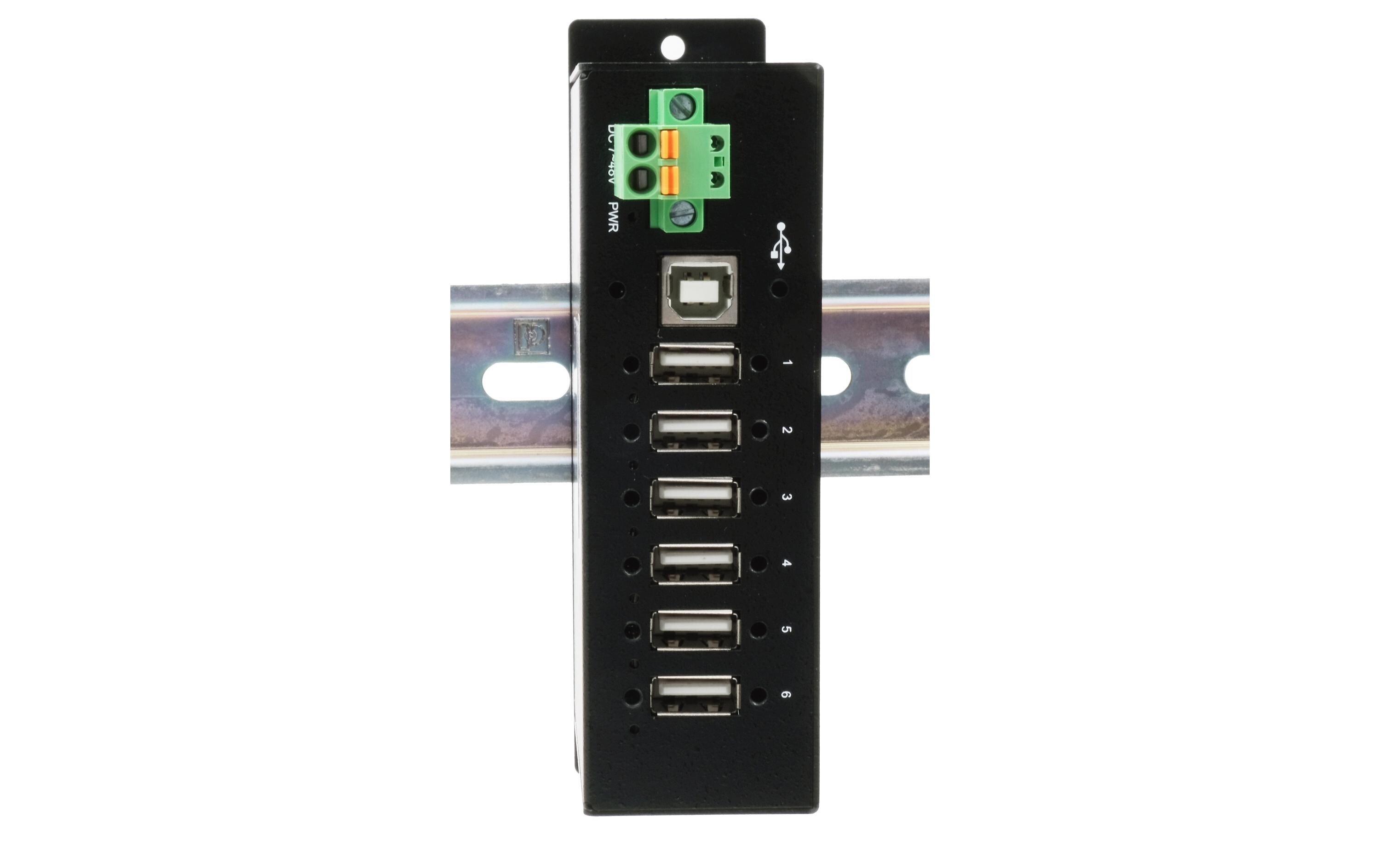 USB-Hub EX-1596HMVS<br>6-Port USB-2.0-Hub mit DIN-Rail-kompatiblem Metallgehäuse