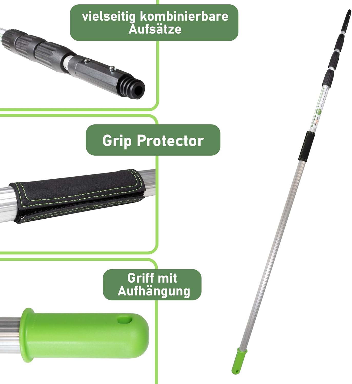 Profi Teleskopstange 14 Meter | 5 Stangen wählbar 8/10 / 12/14 / 16 Meter | Profi Edition mit Gleitstein + Grip Protector | Reinigen von Glas Fenster Terassendach Solar (14 M)