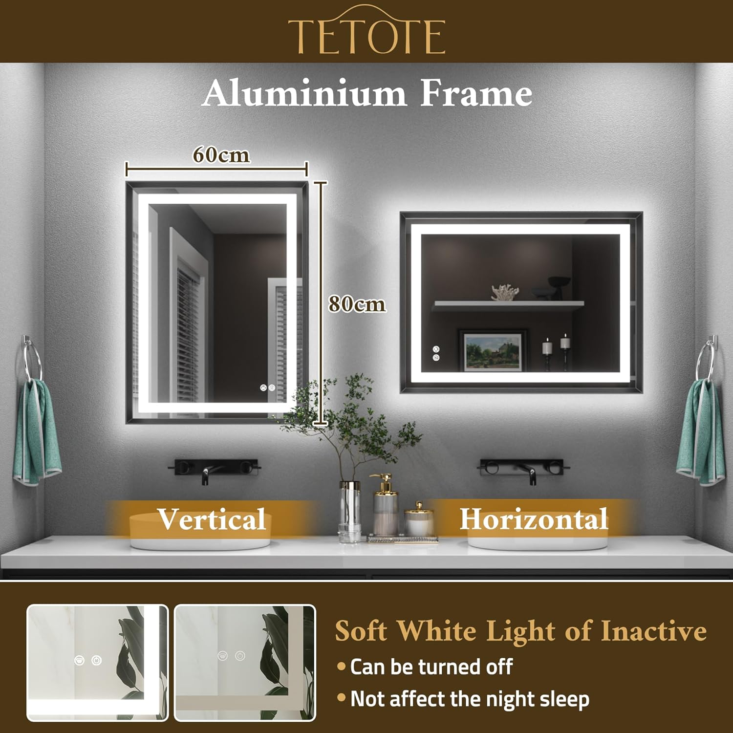 TETOTE Badspiegel mit Beleuchtung Schwarz Metallrahmen 60x80cm, Badezimmerspiegel Beleuchtet Beschlagfrei Wandspiegel Led Bad Spiegel mit Touch-Schalter, 3 Lichtfarben Dimmbar Speicherfunktion