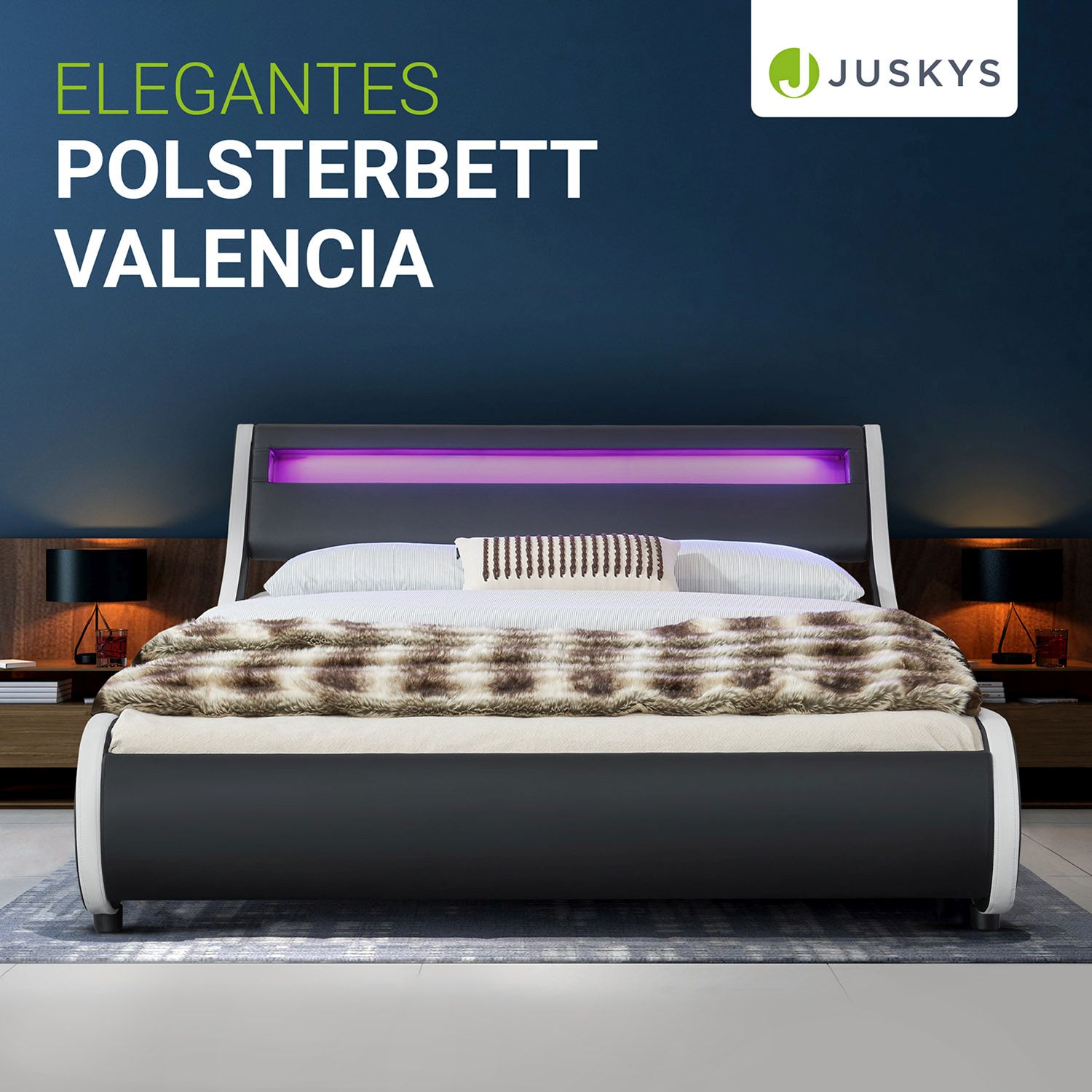 Juskys Polsterbett Bett Valencia 140 x 200 cm schwarz mit Kaltschaummatratze Einzelbett mit LED