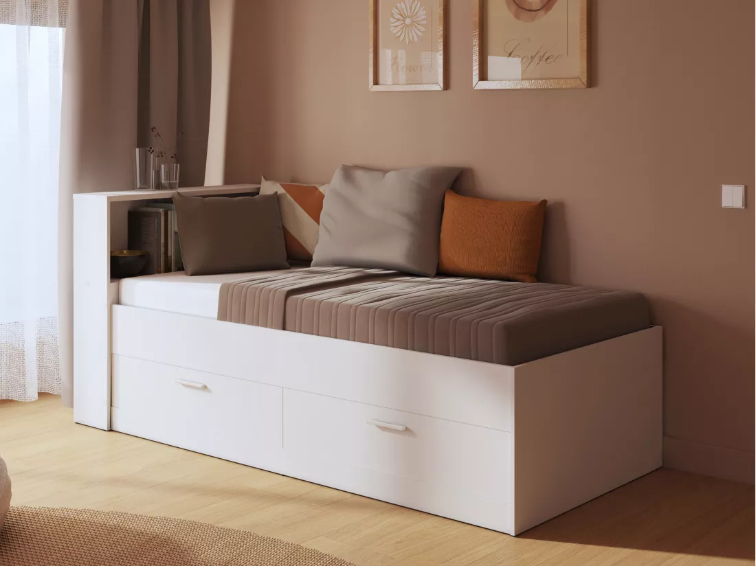 Lit 90 x 190 cm avec tiroirs et rangements - Coloris : Blanc + Sommier + Matelas - BORIS II
