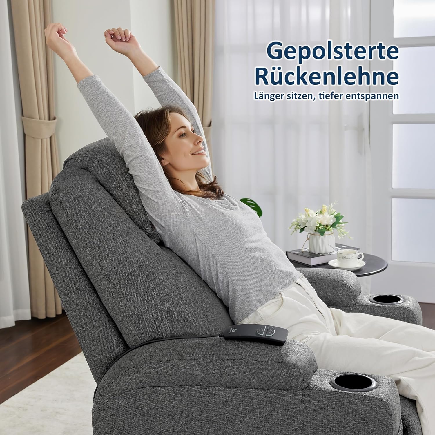 M MCombo Elektrisch Relaxsessel Massagesessel Fernsehsessel Liegefunktion Vibration Heizung 7061 neues Modell, Ergonomisch (Grau-Stoff)