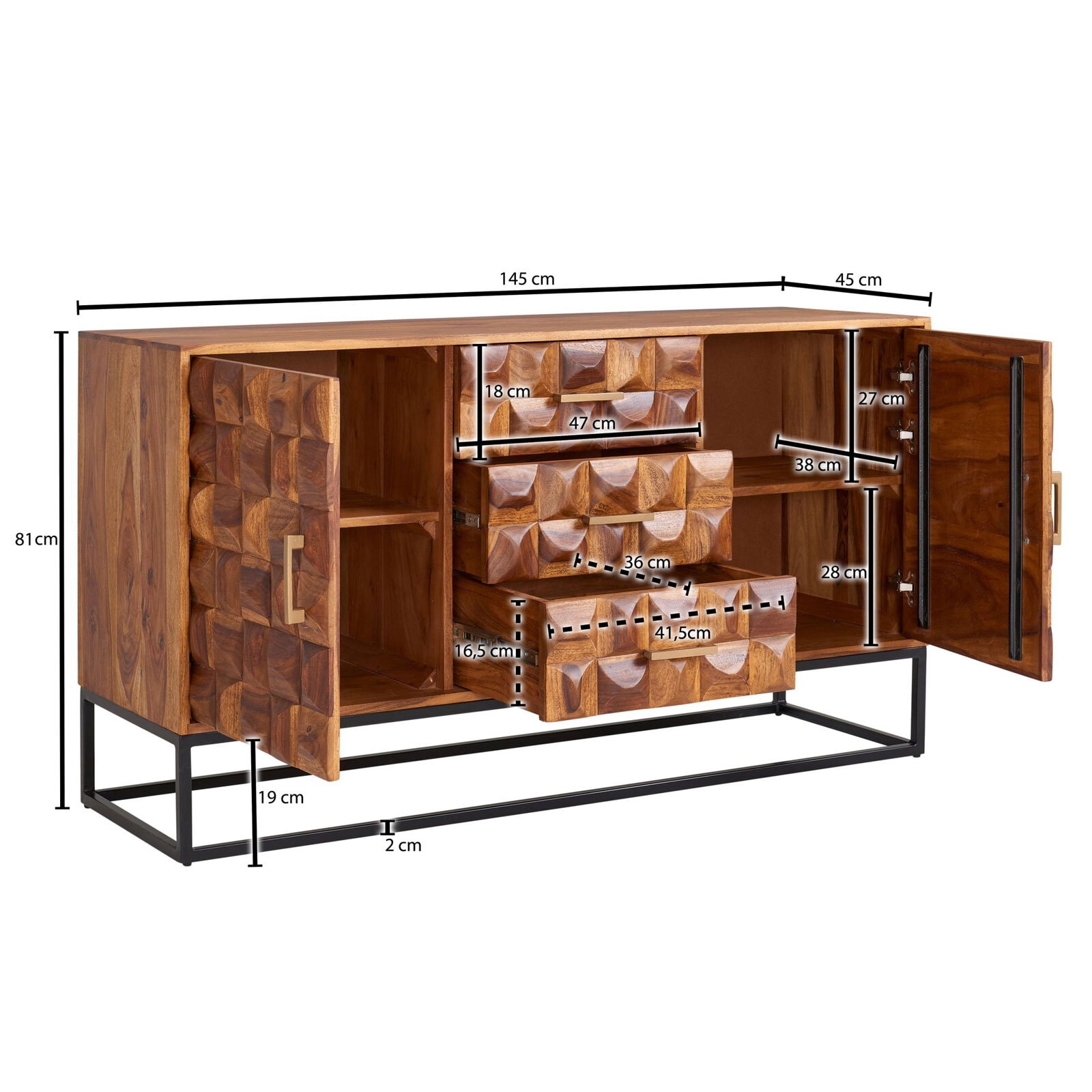 CASAVANTI Sideboard 145 x 81 cm Schwarz/ Sheesham massiv
