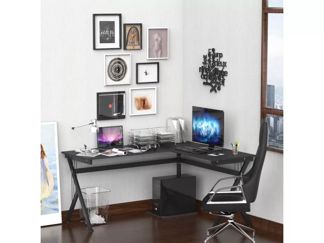 Bureau d'angle informatique design contemporain 155L x 130l x 76H cm MDF acier noir