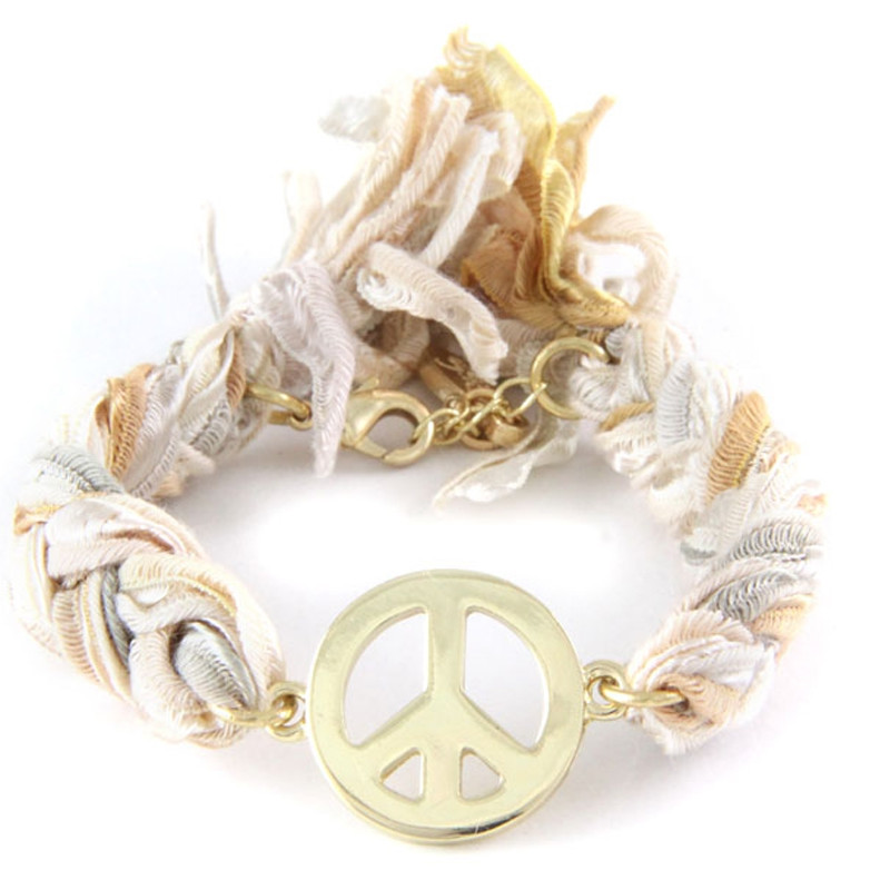 Ettika - Bracelet Peace and Love en Or Jaune et Coton Rubans Tressés Multicolor