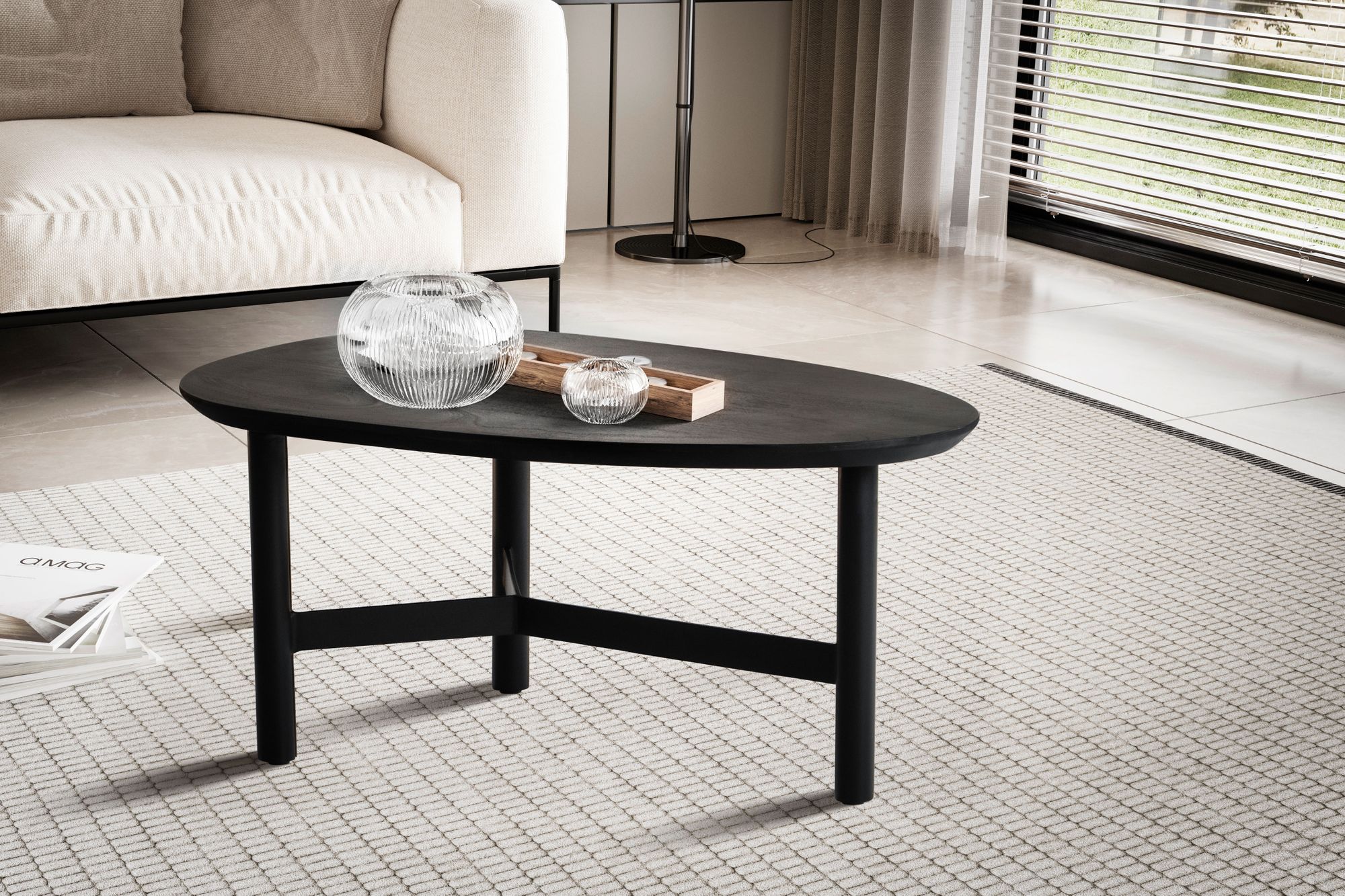 Couchtisch FineBuy Sofatisch Massivholz Schwarz 86x50x37 cm Wohnzimmertisch