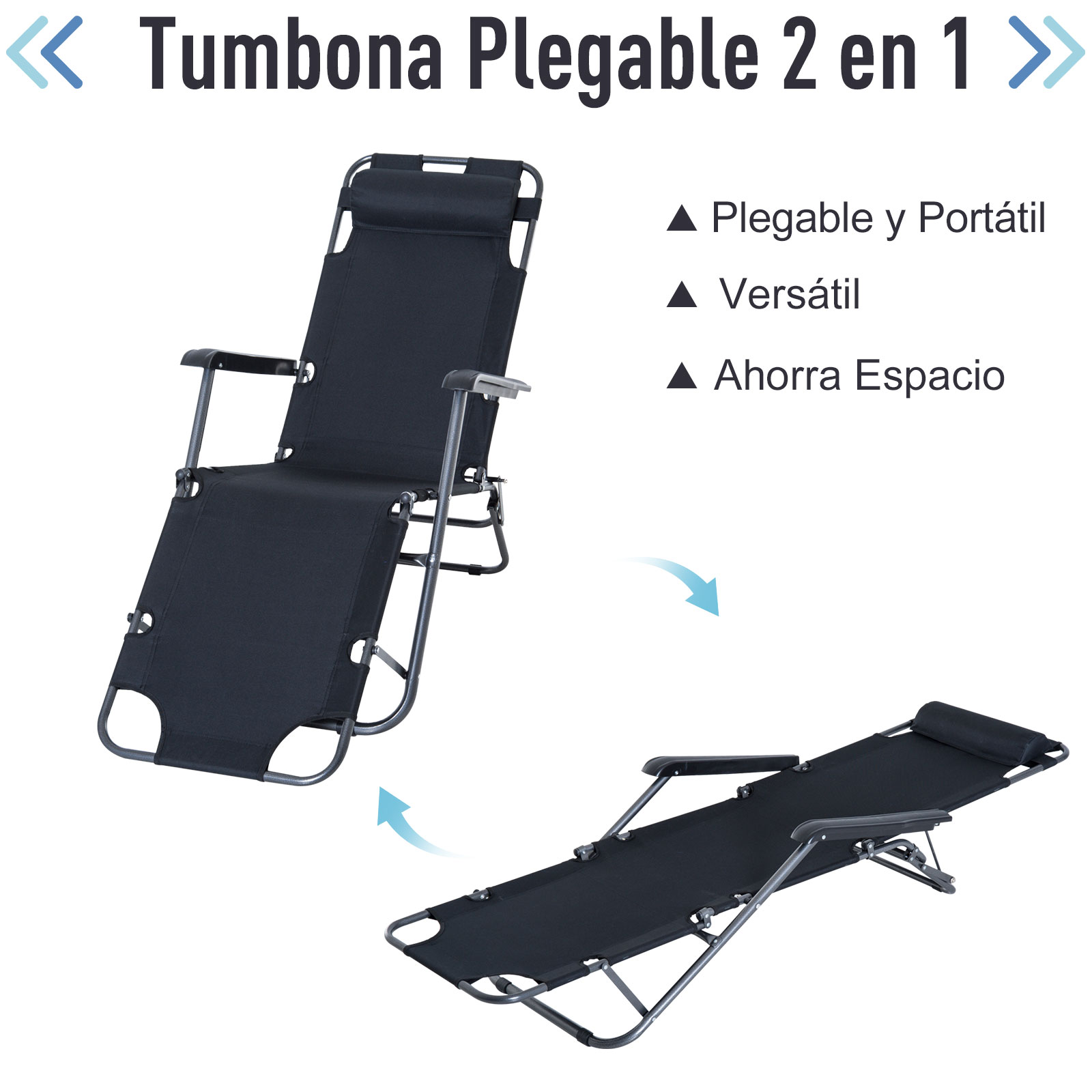 Espreguiçadeiras reclináveis e dobráveis Outsunny 2, espreguiçadeiras de jardim com encosto ajustável, apoios de braço, almofada e apoio para os pés, capacidade de carga de 136 kg para pátio externo, 135 x 60 x 89 cm, pretas