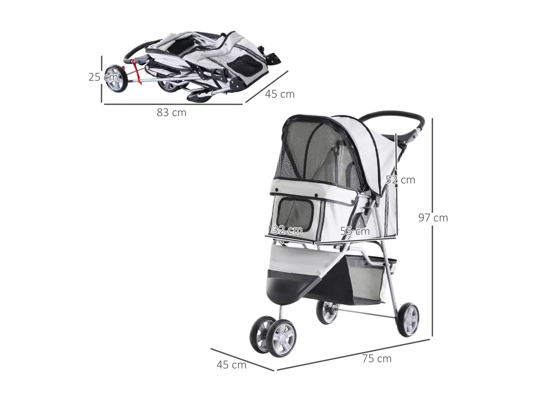 Poussette buggy pliable animaux chariot pliant chien chat porte-gobelet panier de rangement inclus roues avec frein tissu 600D Oxford métal gris