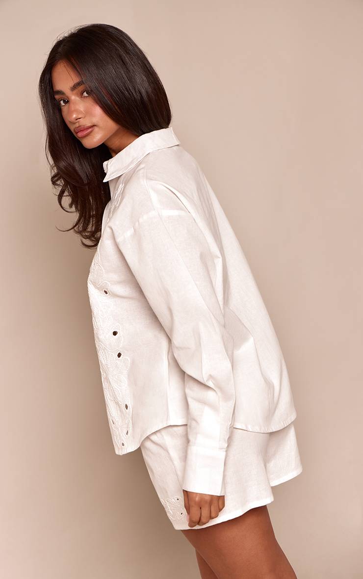 Naturel Chemise Brodée Boutonnée Aspect Lin Co-ord Petite