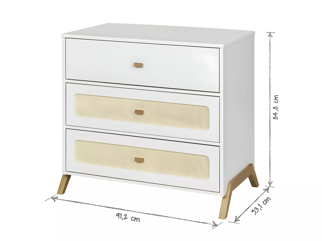 Commode 3 tiroirs panneaux de fibres blanc et bois AZU