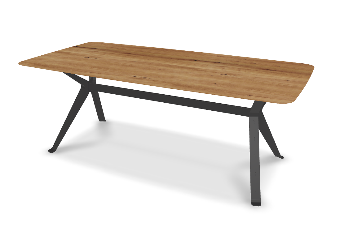 They & Me eettafel Chat – bootsvorm – eiken rustiek lak – onderstel RAL9017 verkeerszwart 200 x 100 x 75 | Eiken Rustiek lak | Verjongde Rand | Frame RAL9017 verkeerszwart