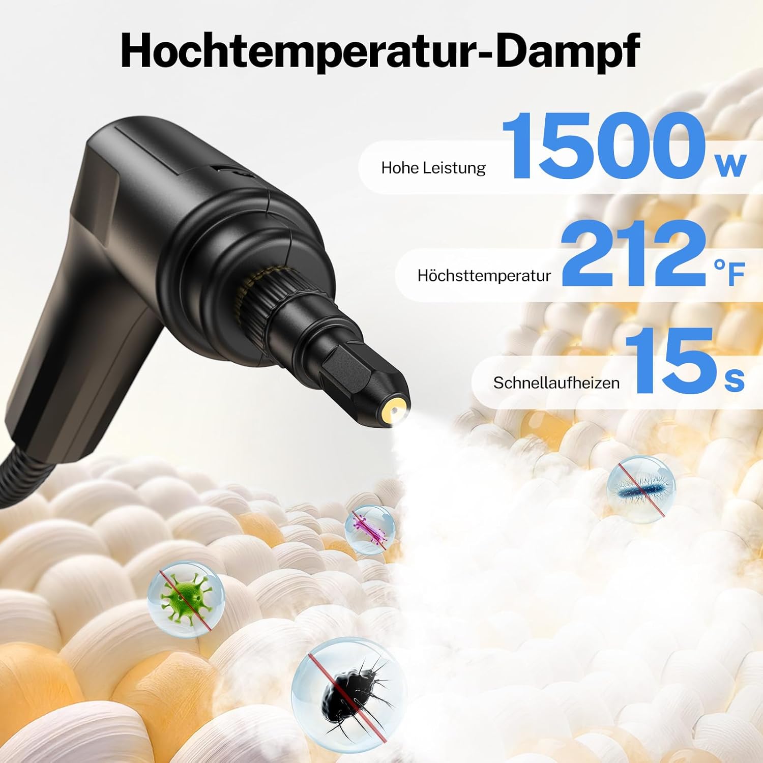 ODSD Dampfreiniger für Haushalt und Auto, 3-stufig einstellbarer Dampfreiniger, 15 Sekunden Aufheizzeit und 1,6 l großer Tank, Handdampfreiniger für Autos, Haushalt, Küche, Fenstern,Boden