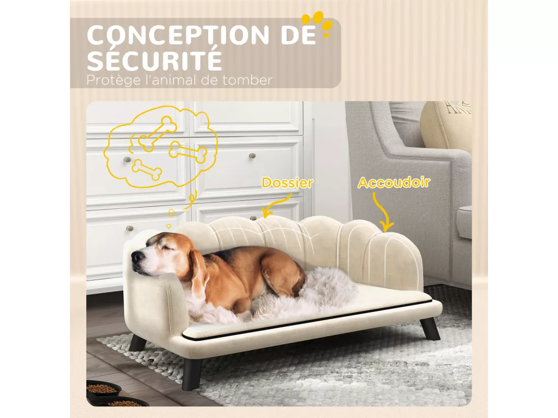Canapé chien lit pour chien chat design contemporain coquillage dim. 98L x 60l x 35H cm coussin moelleux velours crème
