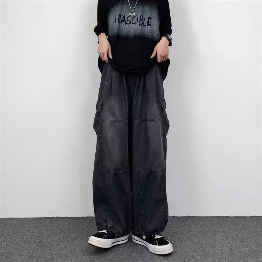 Lingaris - Mid Rise Washed Wide Leg Cargo Jeans