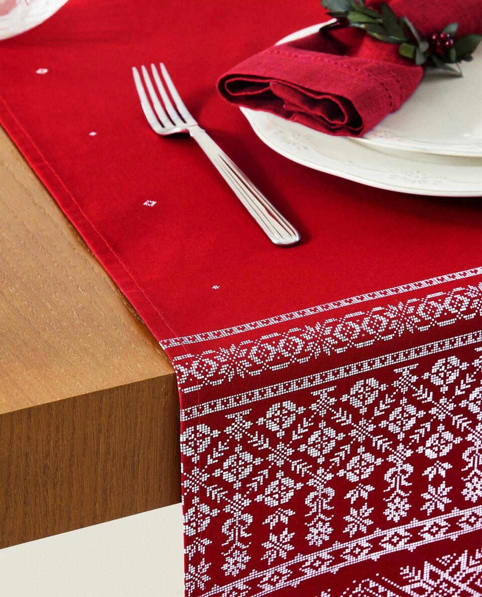 Caminho de mesa de algodão com borda natalina