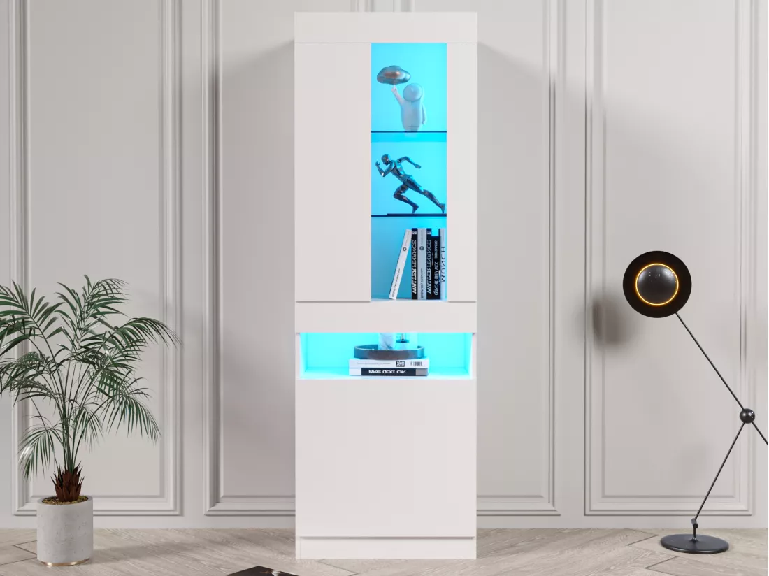 Vitrine 2 porte 1 niche - LEDs - Panneaux de particules - H 180 cm - Blanc