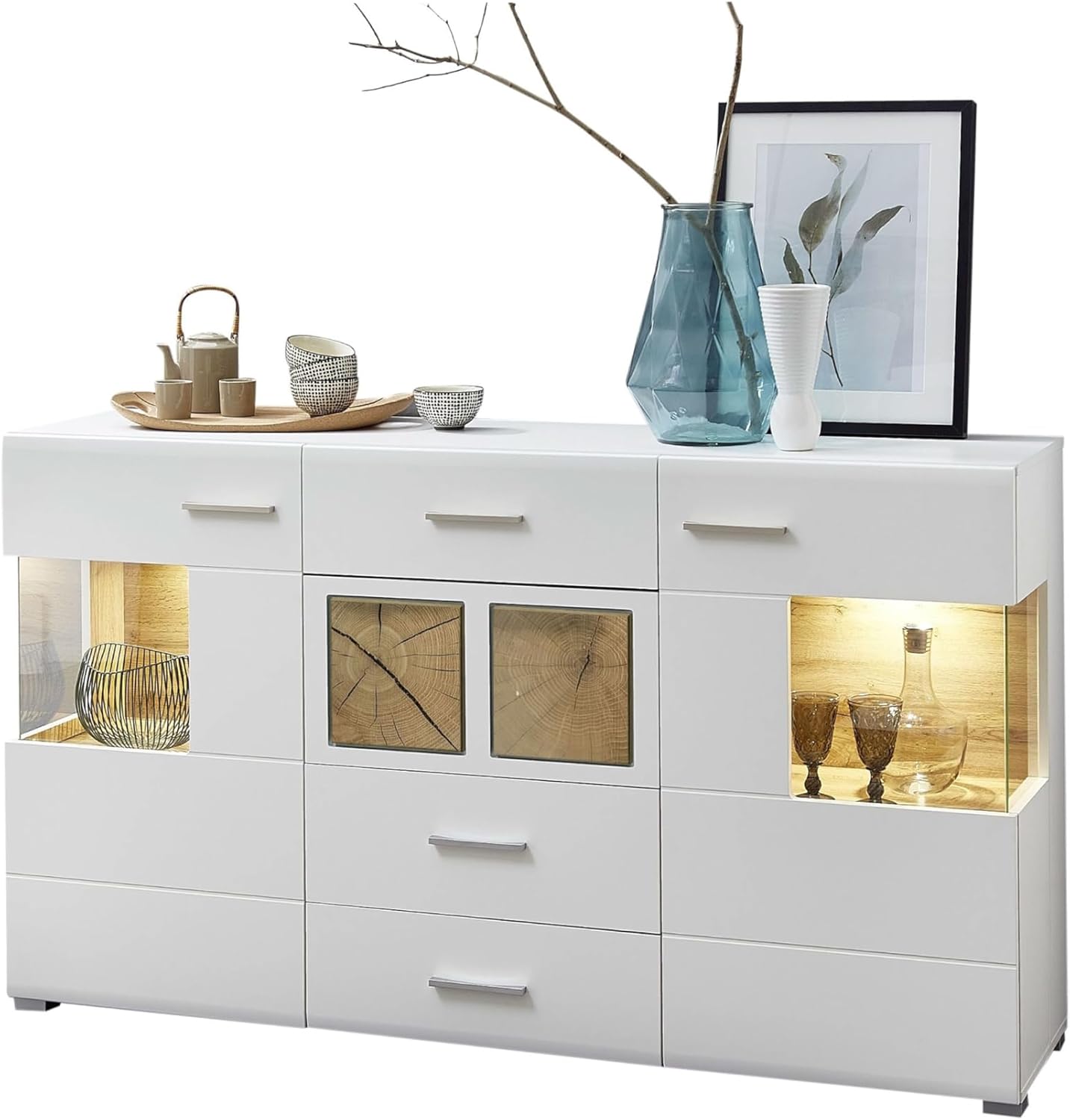 Stella Trading Fun Plus Sideboard weiss mit schönen Hirnholz-Applikationen - Moderne Kommode inkl. LED Beleuchtung - 170 x 94 x 42 cm (B/H/T)