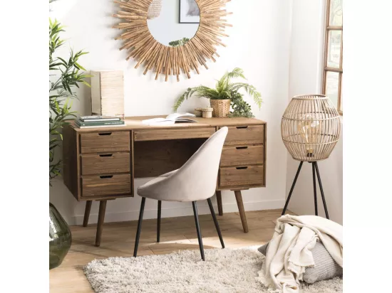 ANDREW - Bureau scandi bois marron 6 tiroirs Sapin