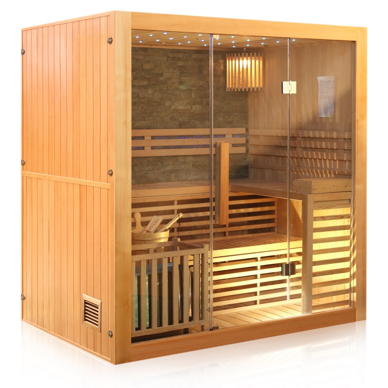 Dewello® Finnische Traditionelle Sauna SARNIA PLUS 180cm x 140cm inkl. 6 KW Harvia Ofen, inkl.Aufguss-Set, Sanduhr, Thermometer