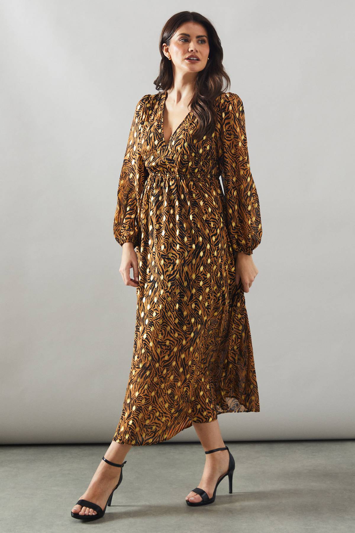 Wallis Robe Midi à Imprimé Animal avec Manches Bouffantes Métallisées