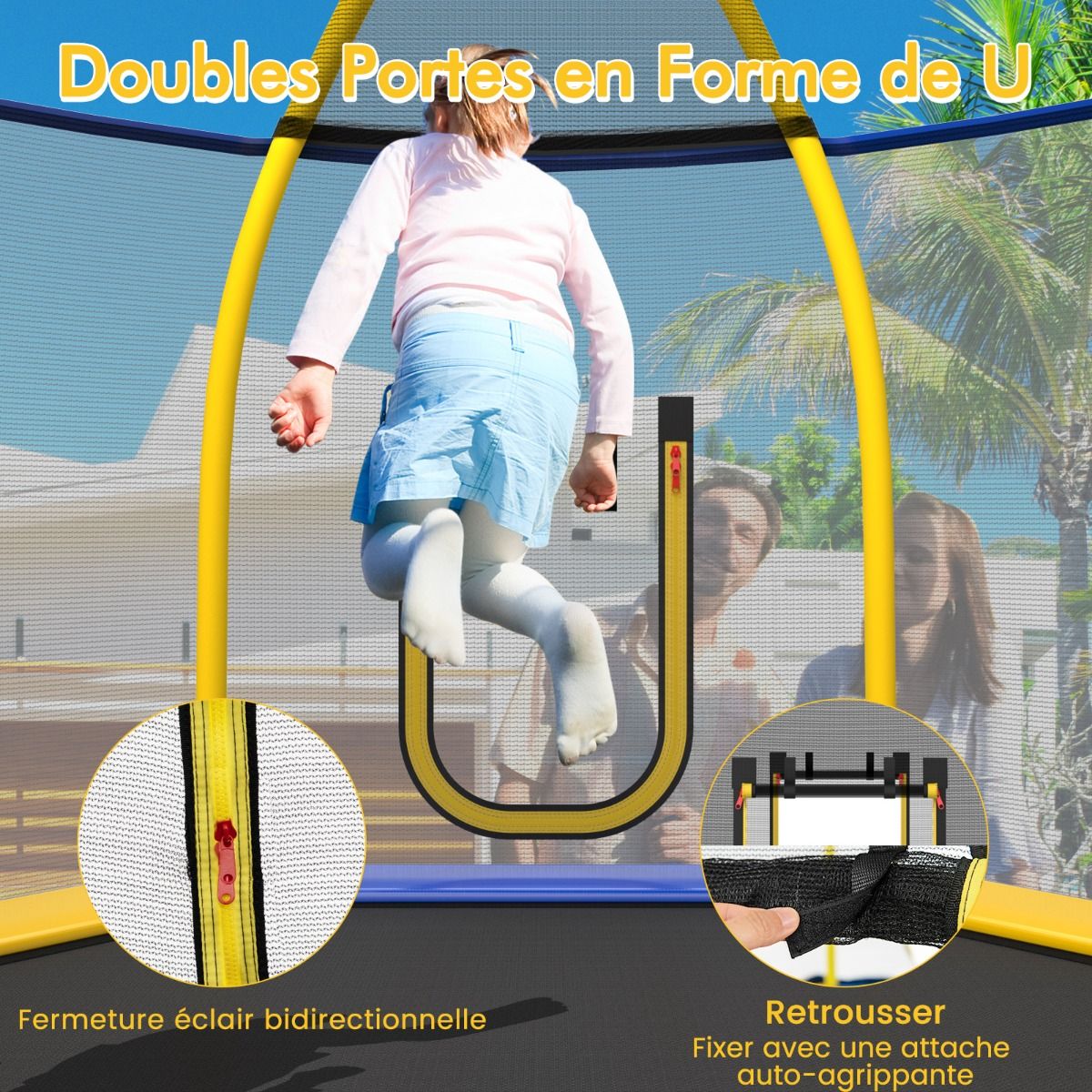 Trampoline Extérieur Ø 223cm avec Toboggan&Echelle avec Filet de Sécurité 2 Portes en U Charge 270kg pour 2-3 Enfants de 3 Ans+ Bleu/Vert - Lidl-Manfred