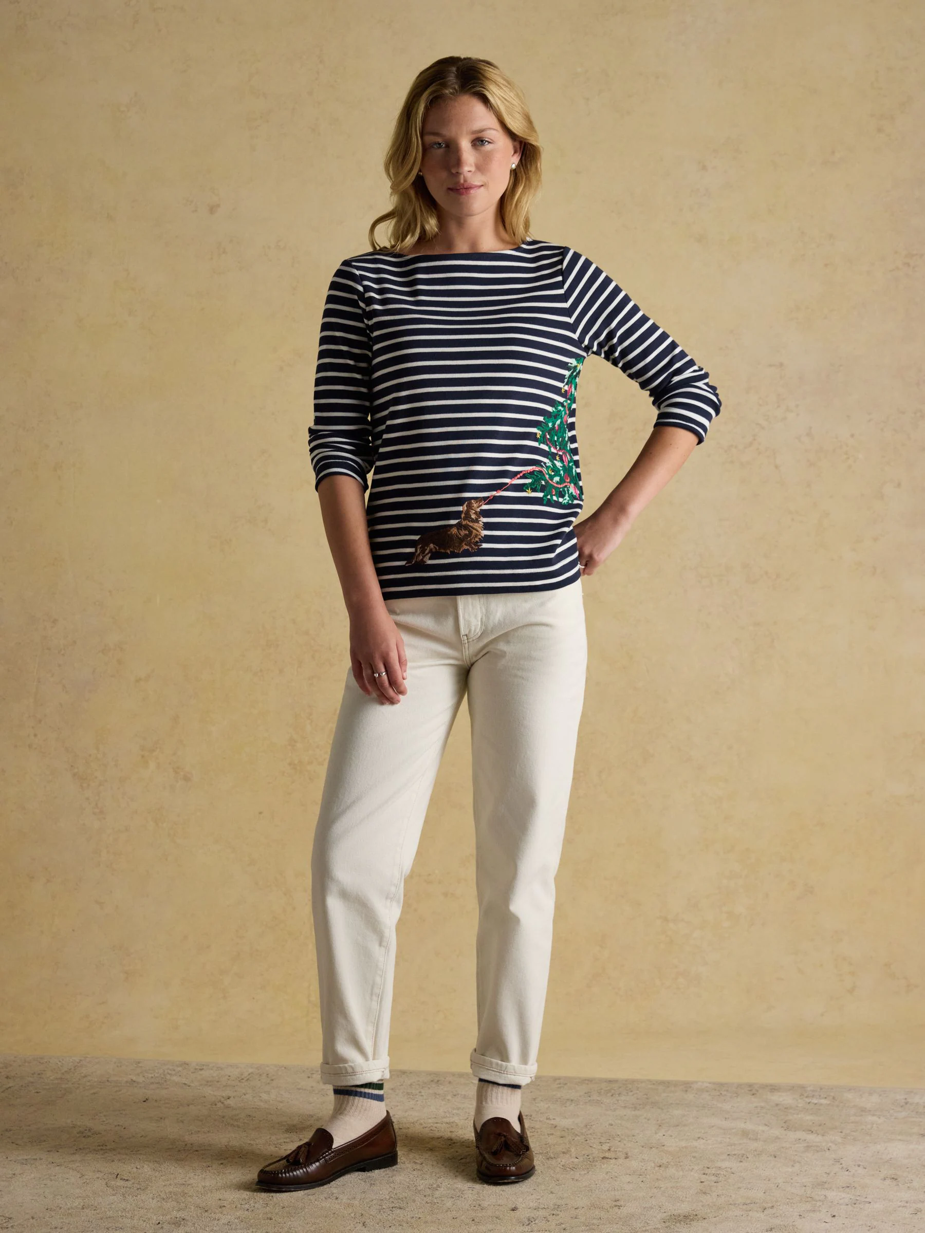 Dog Navy/Cream - Joules Christmas Harbour Boat Neck Breton Top