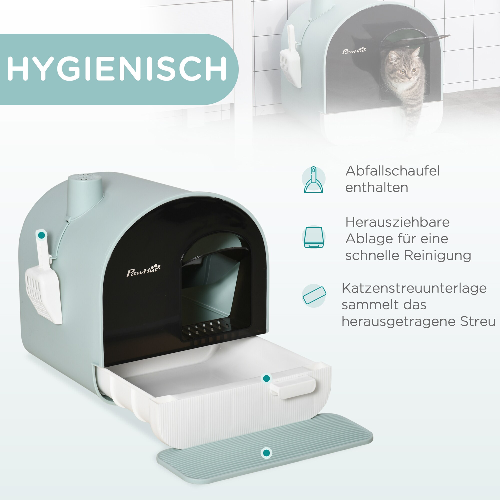 PawHut Katzentoilette mit Holzbeine grün 43L x 44B x 47H cm