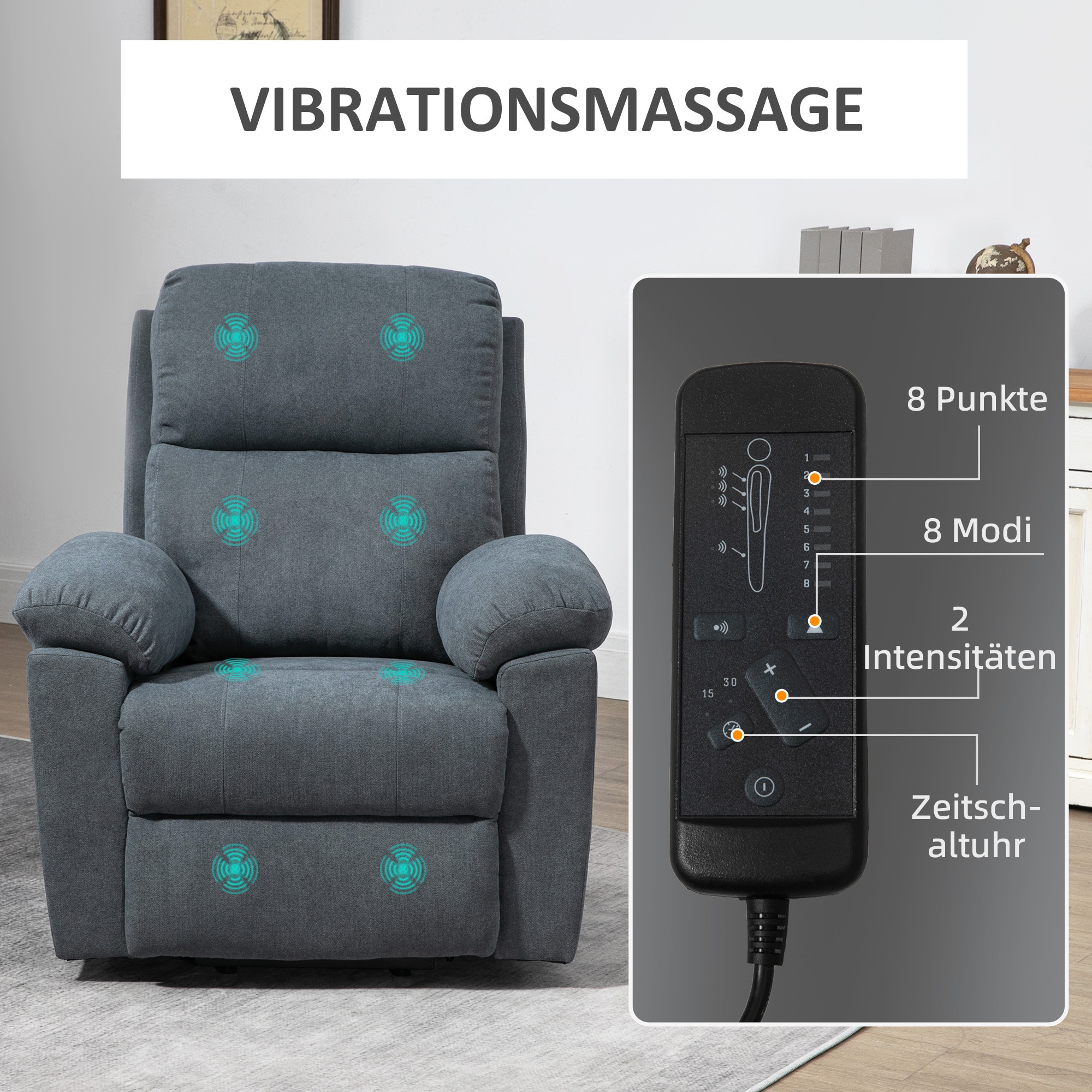 HOMCOM Relaxsessel mit Aufstehhilfenfunktion und 8 Massagemotoren grau 89L x 99B x 103H cm