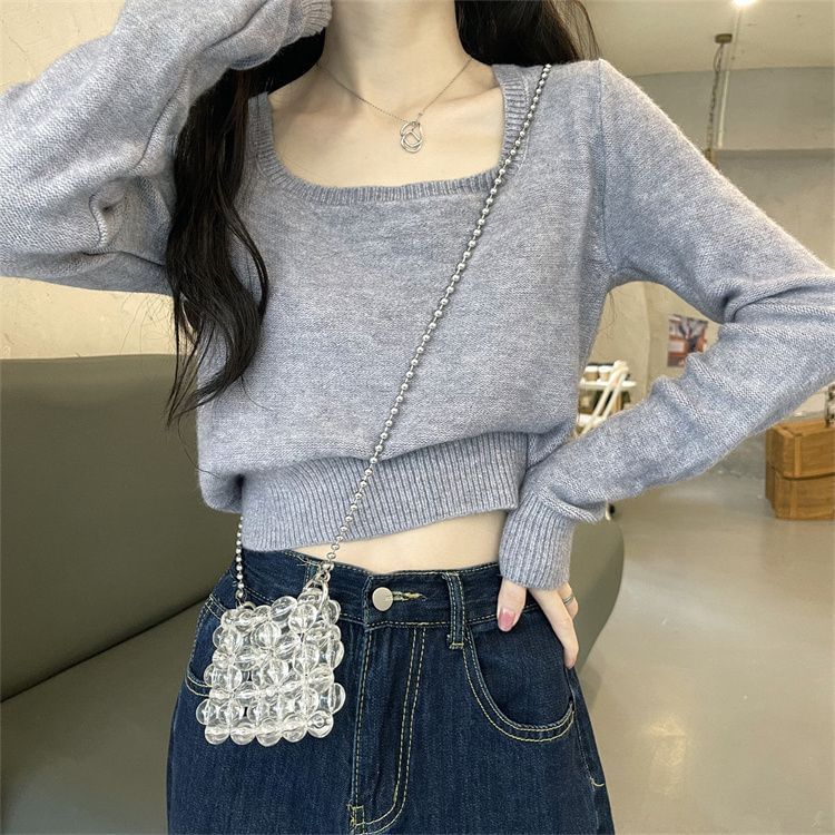 CRIBI - Lange mouwen, vierkante hals, effen crop top