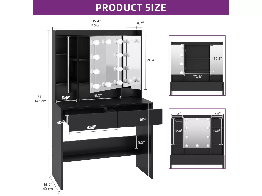 YITAHOME Coiffeuse avec Miroir - 3 Couleurs avec Luminosité Réglable - Coiffeuse avec Étagères pour Maquillage - 2 tiroirs - Noir