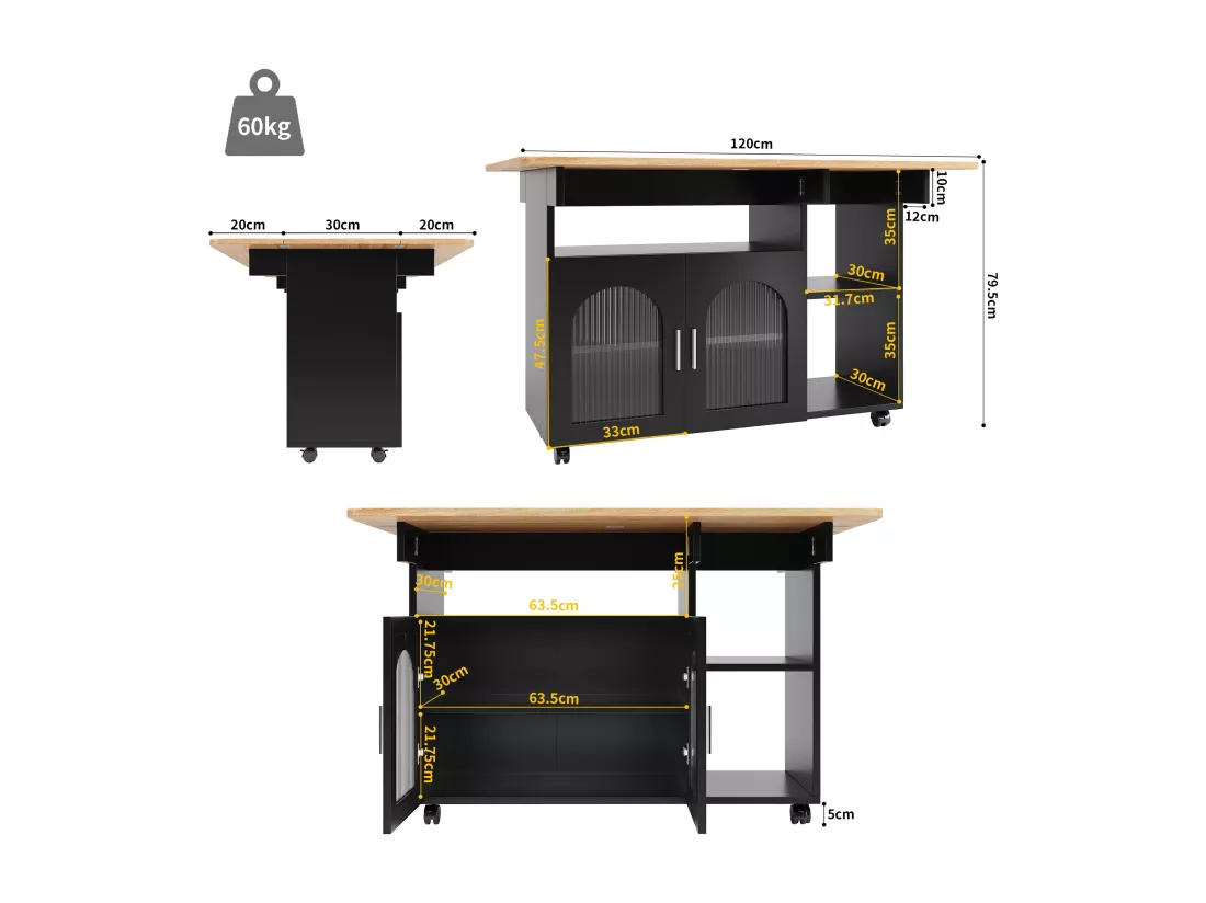 Ilot central de cuisine mobile avec 2 portes et étagères ouvertes - Plateau extensible - 120x30(70)x79.5cm - Bois MDF - Noir et naturel