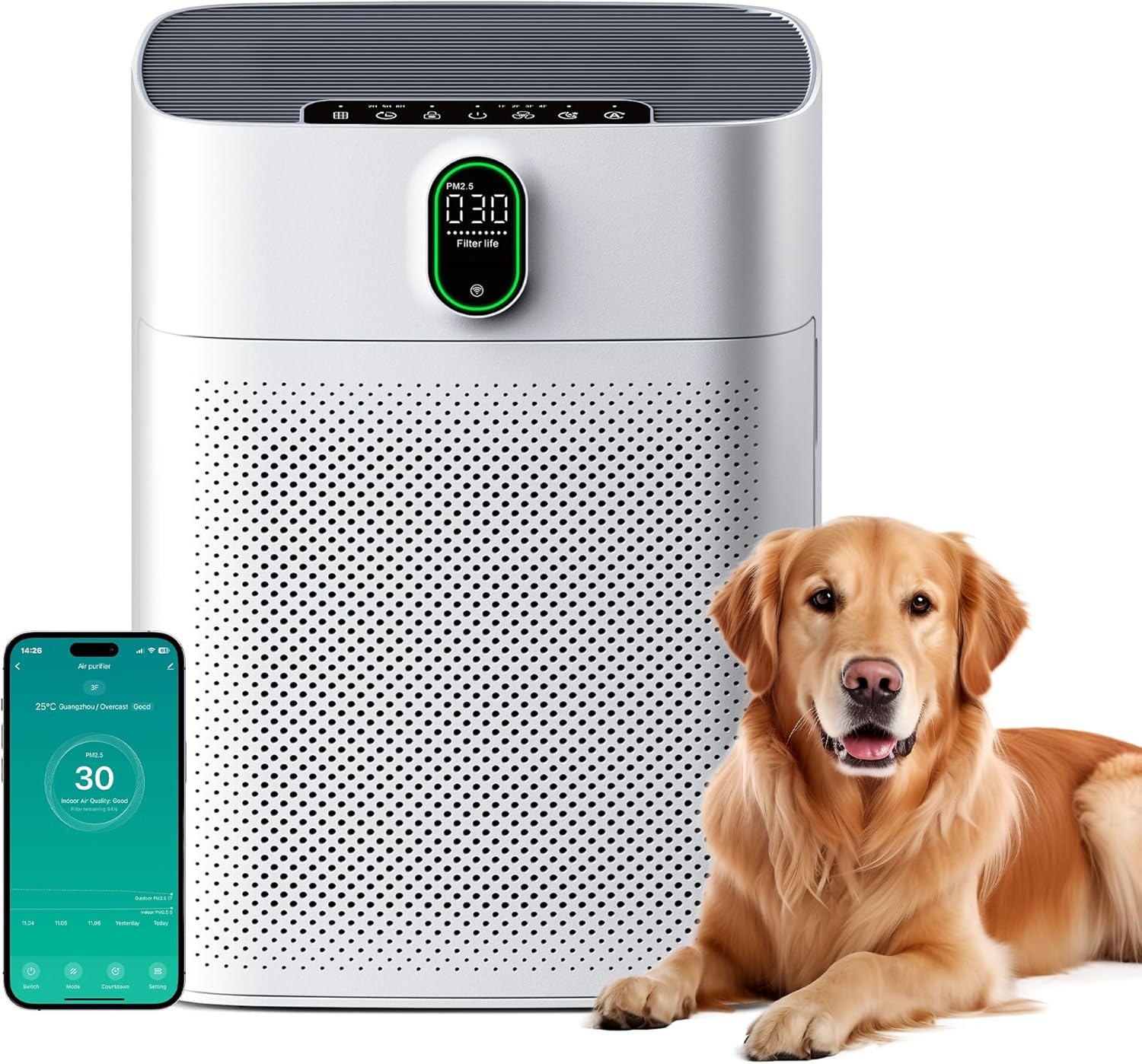 Luftreiniger für Allergiker, Air Purifier für Raucherzimmer, HEPA Filter Gegen Staub Pollen, CADR 300 m³/h für 100 m², 24 dB, Timer, Luftqualitäts-Feedback & Automodus, Mattweiß, 1 Pack+3 Modi